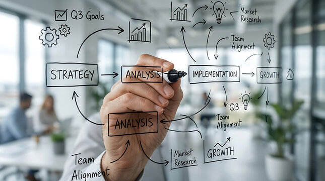 Business professional drawing a strategic growth flowchart on a glass office wall.