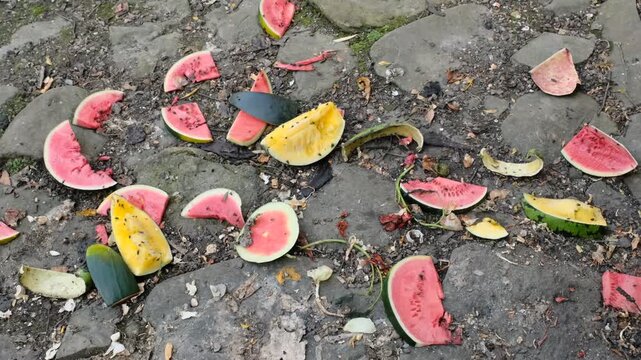 watermelon slices discarded on the ground with flies on them, potentially indicating waste or a debris cleanup situation