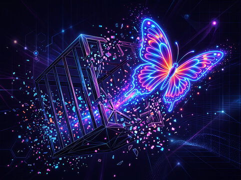 Vibrant neon butterfly escaping a disintegrating geometric cage, representing freedom, transformation, and technological artistry with bright blue and pink light trails.