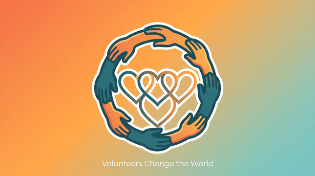 Diverse hands joining together creating circular heart pattern symbolizing global unity with against gradient background stylized graphic multiple around interlocking heart