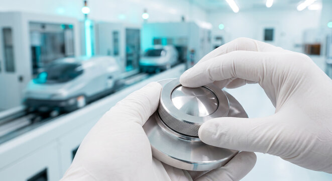 Scientist wearing white protective gloves operating advanced circular metallic device.