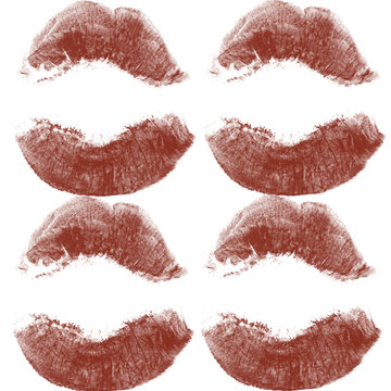 Eight Reddish-Brown Lips Pattern on White Background, Distressed Lipstick Print Texture, Grunge Beauty Background for Graphic Design

