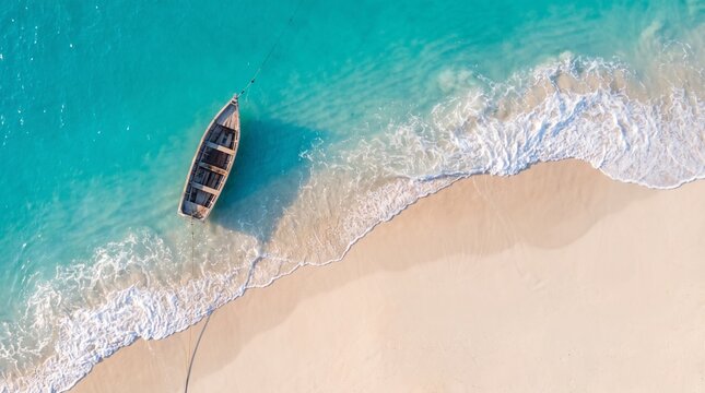 Aerial view of a small wooden rowboat anchored on a pristine tropical beach shoreline.