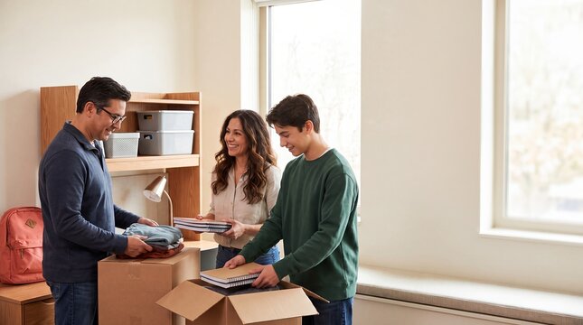 parents helping college student move dorm boxes family campus unpacking organize belongings together in a residence room for support transition independence and university housing campaigns