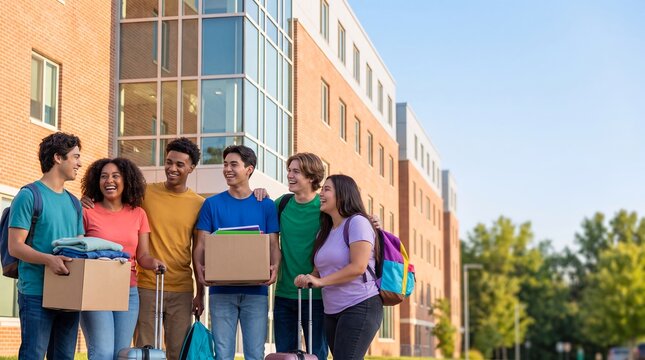 college students moving dorm boxes campus friends diversity residence group stand outside a university building with belongings for teamwork community orientation and enrollment campaigns