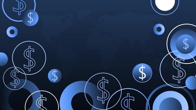 Abstract dark financial background with dollar signs in circles and a world map pattern animation