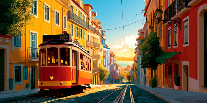 Vintage 70s style Lisbon poster illustration with typical street and traditional yellow trolley car