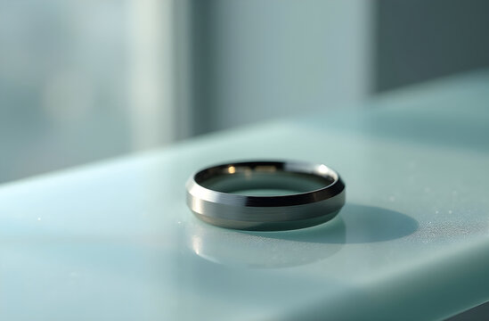 Anillo de boda moderno de metal cepillado sobre repisa de vidrio con luz natural
