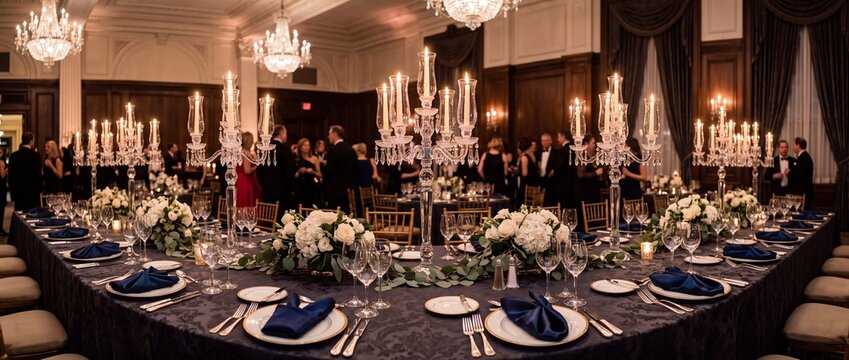 Elegant long dining table set for formal dinner with glowing candelabras, white floral arrangements, and navy blue napkins