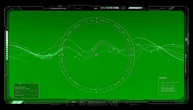 Futuristic green radar screen with data visualization and digital interface elements for technology or science