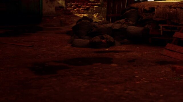A group of trash bags is seen on the ground in a dark urban space. The area has dim lighting, and the surroundings appear neglected. Items and debris are scattered.