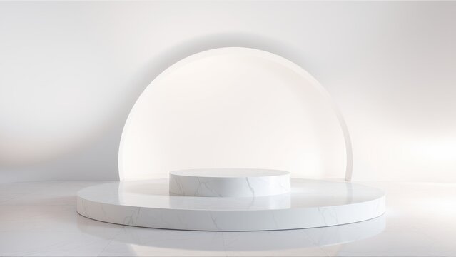 Minimalist stage design. White marble platforms, circular forms, soft lighting create elegant presentation space. Clean backdrop enhances product focus.