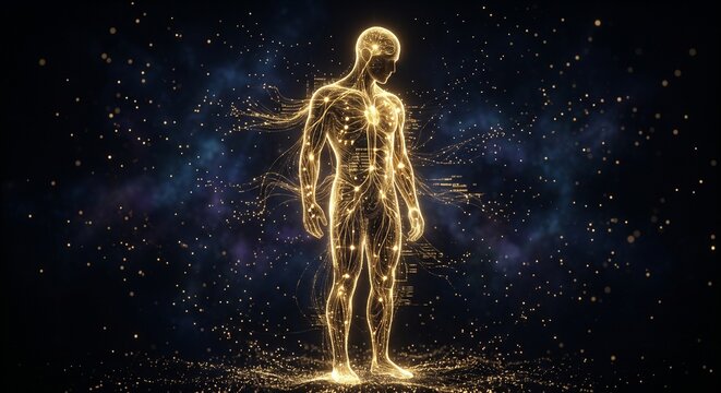 A luminous golden human silhouette composed of shimmering particles and interconnected lines stands in a nebula, evoking a sense of cosmic energy and the interconnectedness of existence.