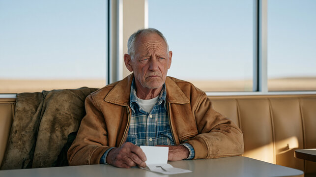 Elderly molecatcher in quiet rural landscape sitting at a roadside diner booth alone on Valentines Day, holding a paper number in a overbooked restaurant, muddy coat on the seat