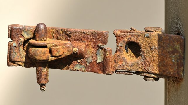 hinge. Extreme close-up of a rusted metal door hinge with peeling paint and sharp shadows. real-estate listings.