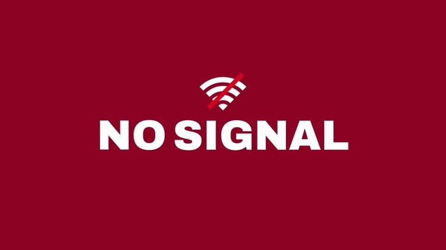 No signal icon animation flickering with wireless disconnection symbol on maroon background for technical error notification.