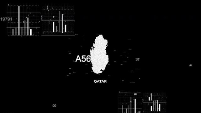 Qatar map animation showcasing economy, infrastructure, technology, population, energy, trade, and national development data for presentations, films, documentaries, and motion graphics.
