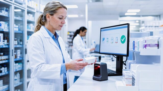 Pharmacist medicine drug lab pharmacy check white coat medicine package computer screen barcode scanner quality control safe care