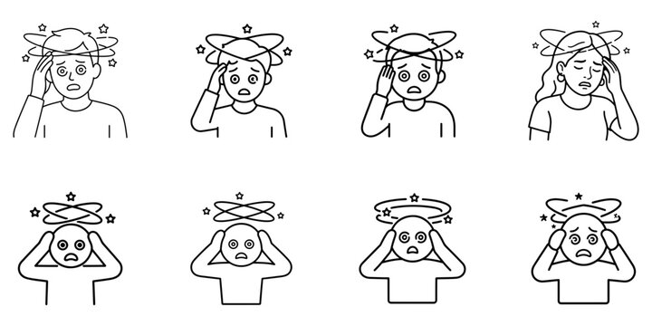 Dizziness icon set showing a person experiencing vertigo, spinning sensation, imbalance, and migraine.