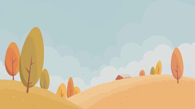 Minimalist autumn landscape with gently swaying trees and drifting leaves on a calm yellow hillside with cartoon style art.