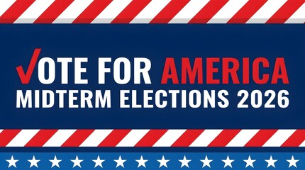 Obraz premium A patriotic banner encouraging voting in the 2026 US Midterm Elections, featuring red, white, and blue colors with stars and stripes.