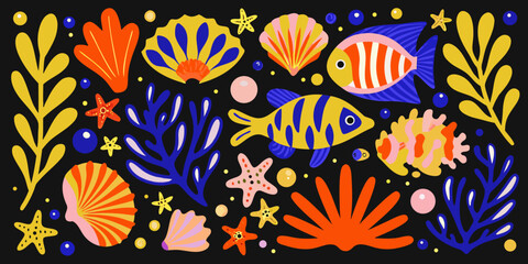 Fototapeta premium Tropical fish seashells and coral vector illustration on black background