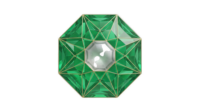 A sparkling green emerald gemstone with a spooky halloween skull icon isolated on transparent background