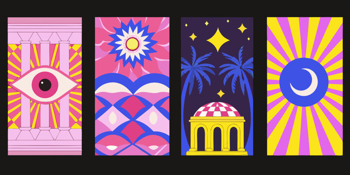 Psychedelic patterned wallpapers four vertical compositions in vector style