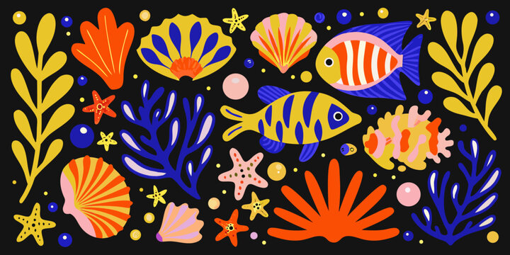 Tropical fish seashells and coral vector illustration on black background