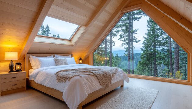 Cozy attic bedroom with panoramic forest view and skylight
