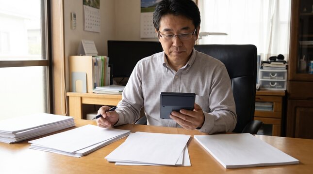 自宅の書斎で分厚い書類の山を前に電卓とペンを持つ中年の日本人男性、資産管理と確定申告のイメージ