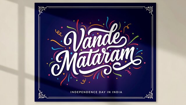 Vande mataram independence day in india colorful typography with confetti on dark blue background for festive greeting cards and banners.
