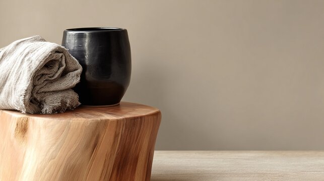 nordic. Minimalist wooden side table with ceramic vase and linen textures in soft lighting. real-estate listings, architecture portfolios, designed for interior renovation comparisons for interiors.