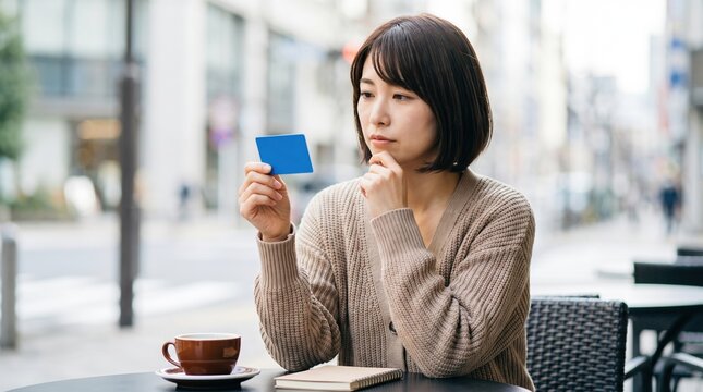 街のオープンカフェで頬に手を当ててクレジットカードを見つめる日本人女性、キャッシュレス決済と買い物の判断のイメージ