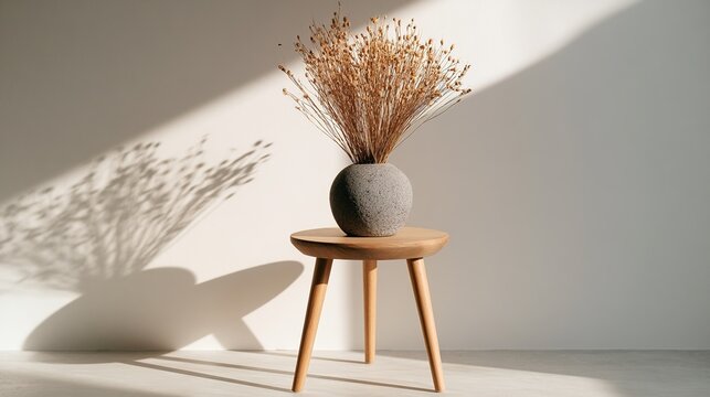 nordic. Minimalist wooden side table with ceramic vase and linen textures in soft lighting. real-estate listings, architecture portfolios, designed for interior renovation comparisons for interiors.
