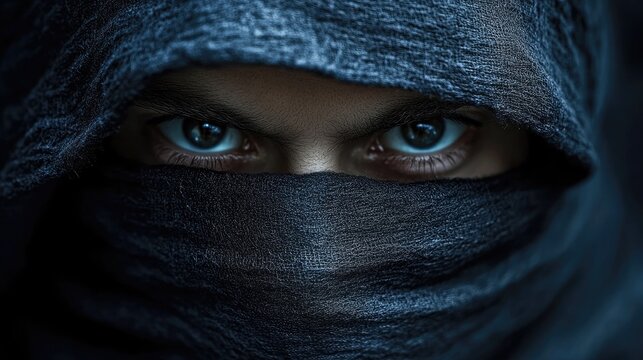 Mysterious Person with Piercing Blue Eyes and Concealed Face