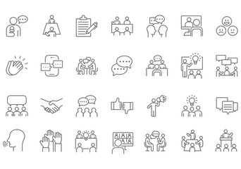 Fototapeta premium Human Interaction web icons in line style. People, communication, chat, relationships, meeting, group, friends. Editable stroke. Vector illustration.