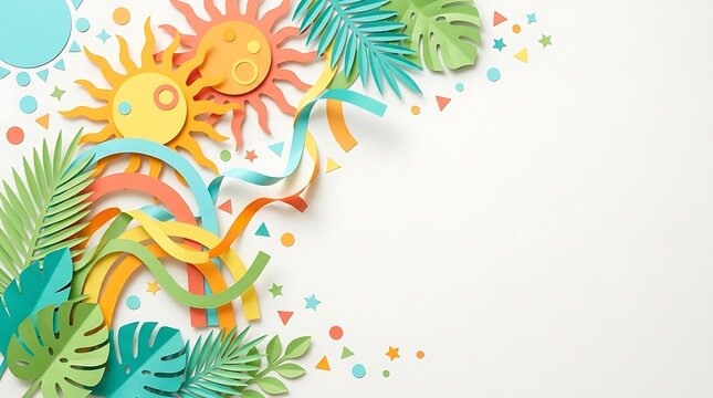 Summer paper craft background with suns, tropical leaves and colorful confetti elements.