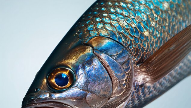 Extreme macro photography of iridescent fish scales showcasing vivid colors and intricate patterns, highlighting the unique textures and details of the fish's surface
