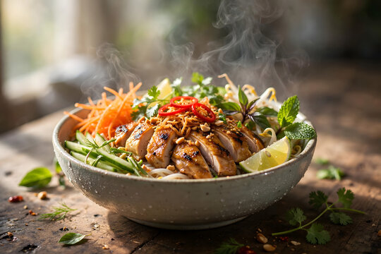 A delicious Vietnamese-style grilled chicken noodle bowl served with fresh vegetables, herbs, chili, peanuts, lime, and steaming noodles on a rustic wooden table. Warm natural lighting and shallow dep