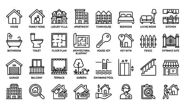 Minimalist Real Estate Thin Line Icons with Editable Stroke for Home Property Housing and Architecture