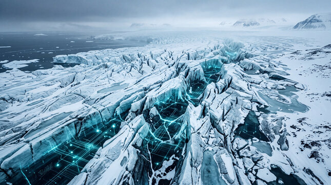Glacial ice formation with luminous blue veins embedded deep within a frozen landscape under an overcast sky represents climate change research and environmental conservation editorial themes.