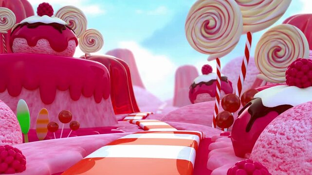 Magical candy land landscape featuring sugary path and lollipops in vibrant 3d animated world.