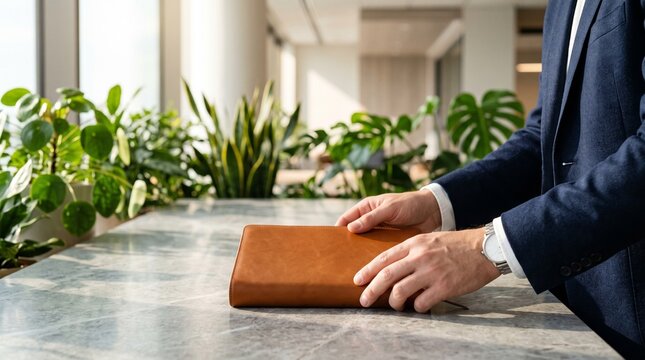 Close up view of hands in tailored dark blue blazer jacket sleeve neatly closing luxury leather planner on clean stone table surface illustrating layout for boss day leadership lifestyle card