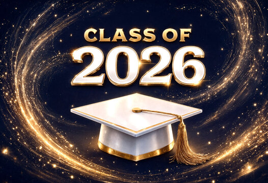 Golden graduation cap with class of 2026 text and sparkling light effects celebration design