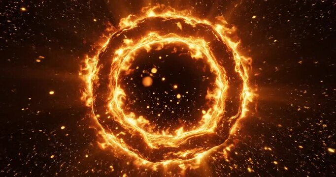 Abstract glowing golden ring of fire or energy portal with light rays on a dark background. 4K Video