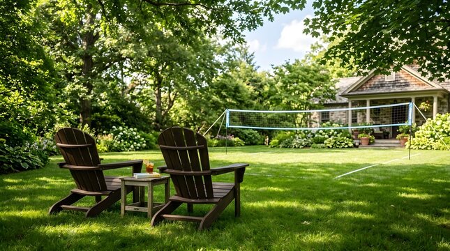 A vibrant lush green backyard features classic adirondack chairs and a partial view of a lovely home on a beautiful bright summer