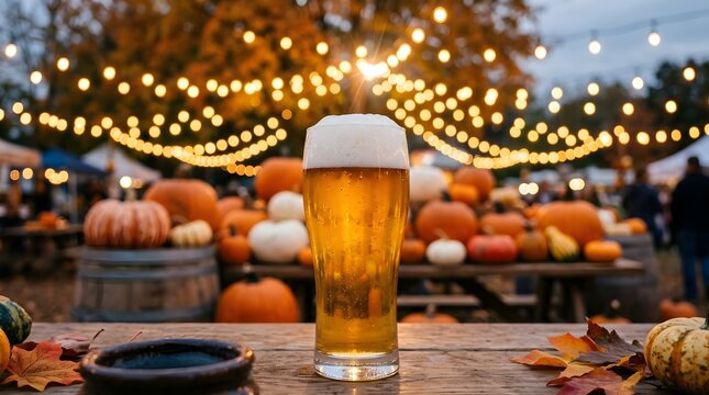 A refreshing glass of craft beer served on a wooden table at an outdoor autumn pumpkin patch festival with string lights