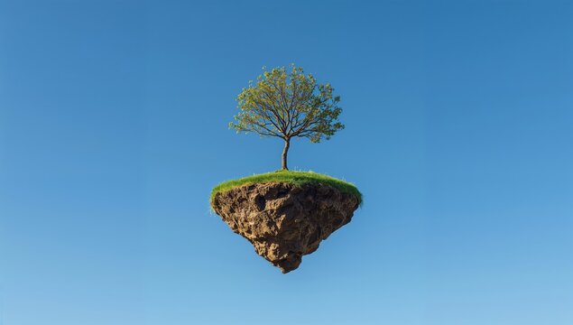 Small tree with green leaves growing downward from a floating island of soil against a clear blue sky, showcasing a surreal and imaginative landscape