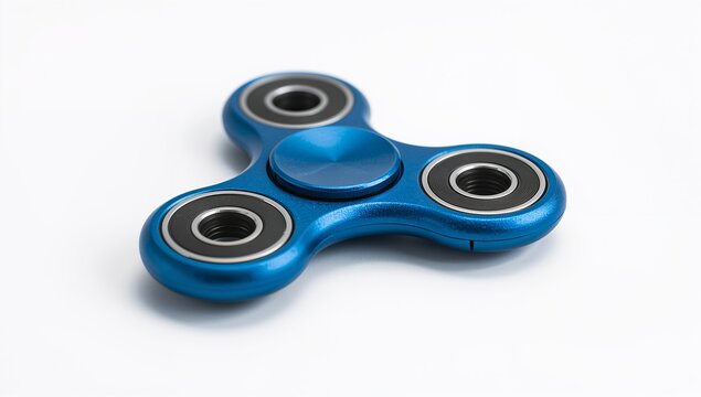 Blue fidget spinner with black bearings positioned on a clean white background, showcasing its sleek design and smooth curves for high fashion photography